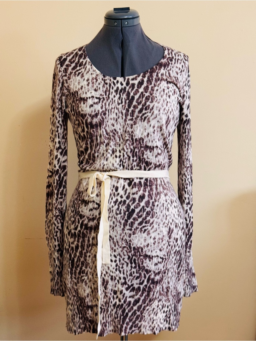 Calvin Klein Jeans Brown and Cream Animal Print Long Sleeve Dress